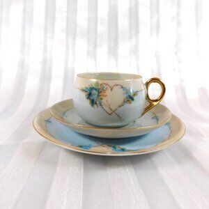 Signed Unmarked Three Piece Luncheon Set with Blue Flowers and a Heart # 25926